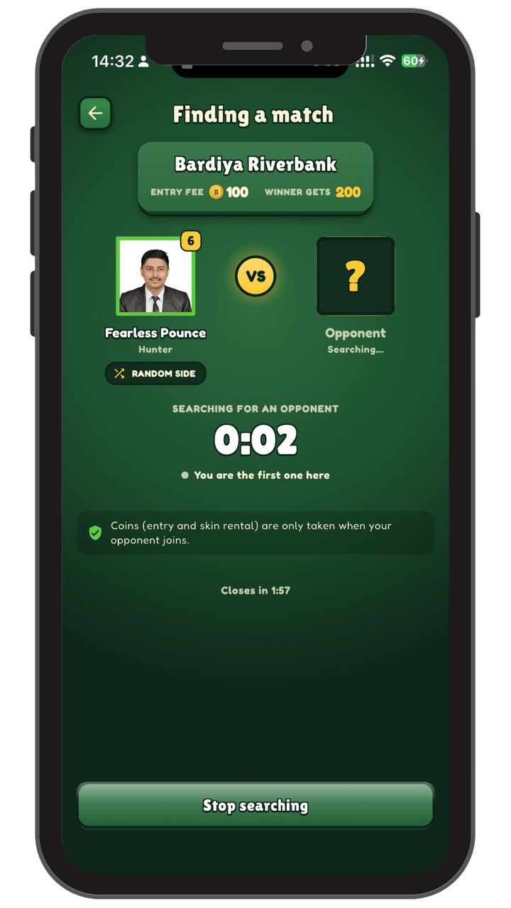Baghchal Online match screen with the board, tigers and goats